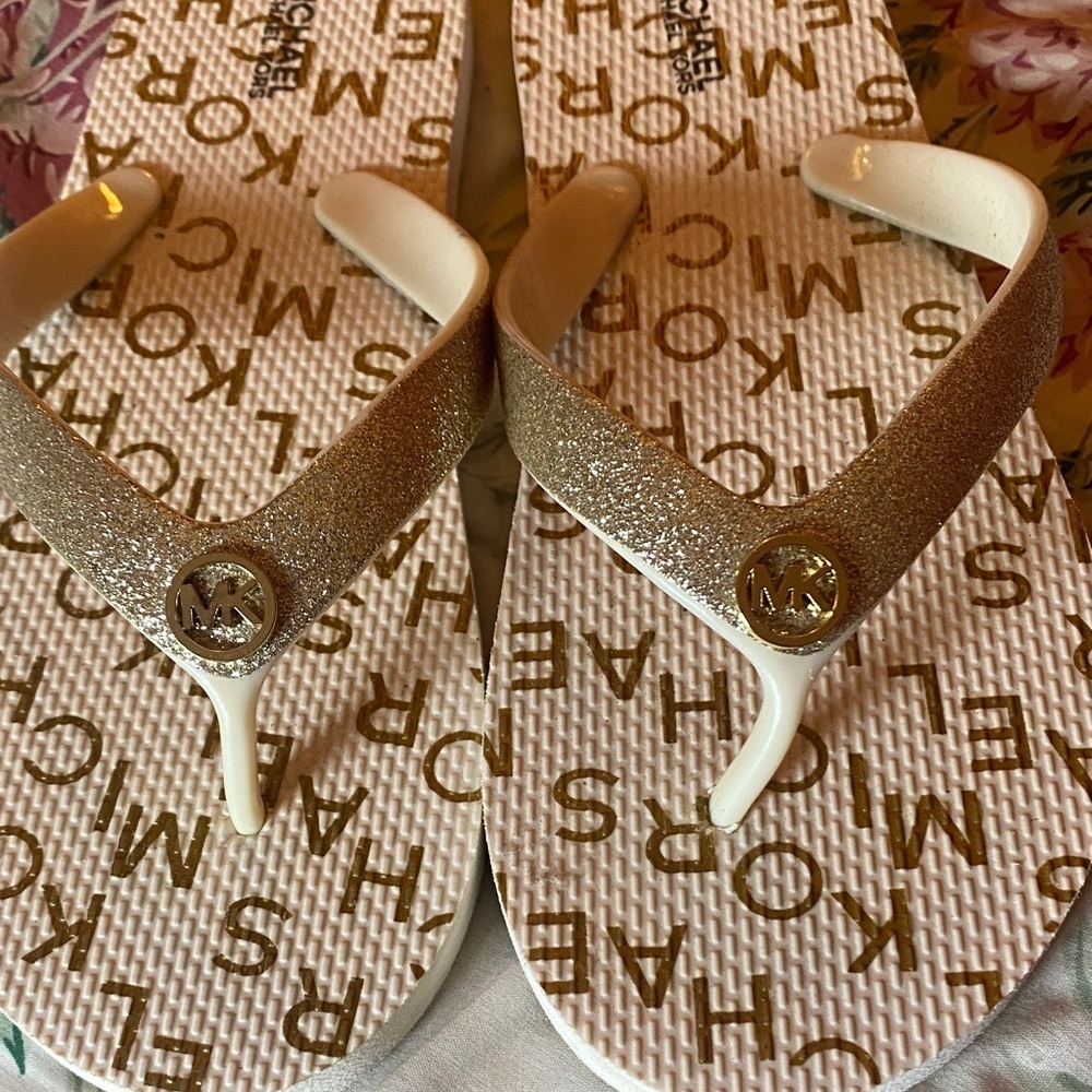 Michael Kors Gold and Cream Flip Flops - Picture 2 of 6